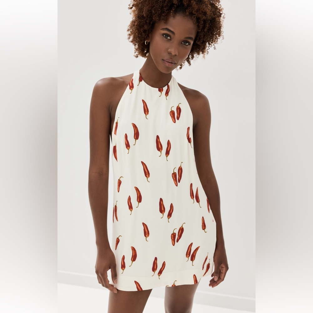 Reformation Cream Halter Mini Dress with Red Pepper Print